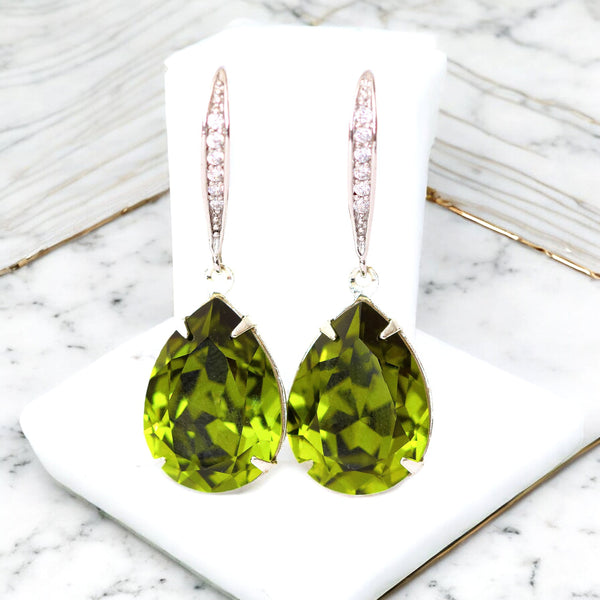 Olive Green Earrings Olivine  Teardrop Earrings Bridal Earrings Bridesmaid Gift Silver Earrings Sparkly Bridal Party Jewelry OG31H