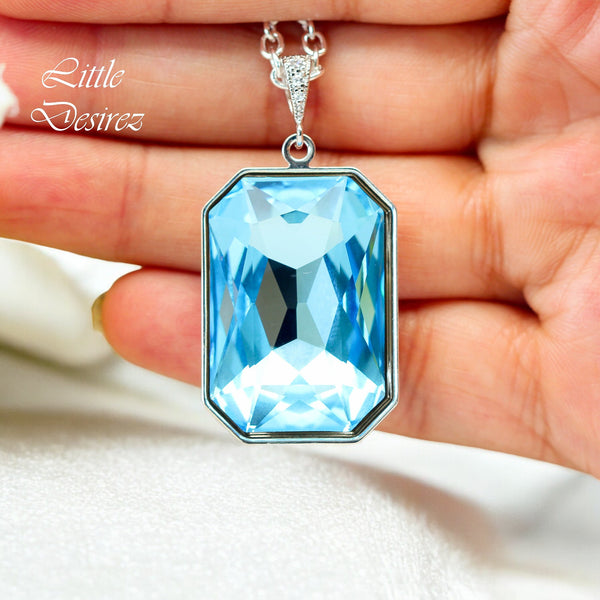 Aquamarine Blue Necklace Light Blue Pendant Large Crystal Emerald Cut Wedding Jewelry Something Blue Bridesmaid Necklace AQ41N