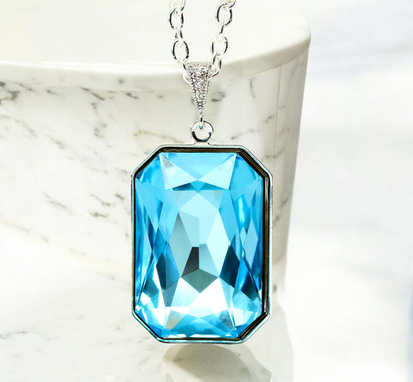 Aquamarine Blue Necklace Light Blue Pendant Large Crystal Emerald Cut Wedding Jewelry Something Blue Bridesmaid Necklace AQ41N