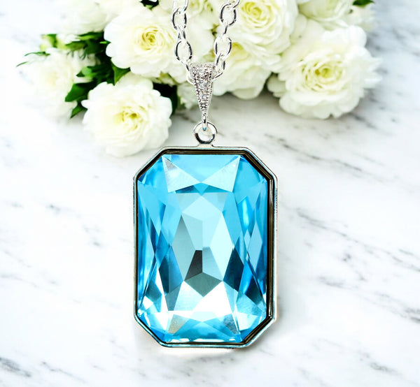 Aquamarine Blue Necklace Light Blue Pendant Large Crystal Emerald Cut Wedding Jewelry Something Blue Bridesmaid Necklace AQ41N