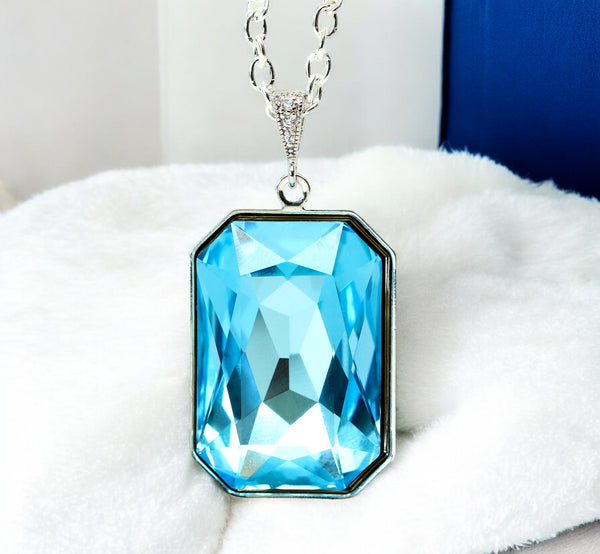 Aquamarine Blue Necklace Light Blue Pendant Large Crystal Emerald Cut Wedding Jewelry Something Blue Bridesmaid Necklace AQ41N