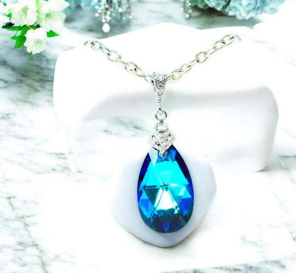 Bermuda Blue  Crystal Necklace Blue Necklace Bridal Necklace Bridesmaid Necklace Blue Bridal Pendant Teal Blue Necklace BB32N
