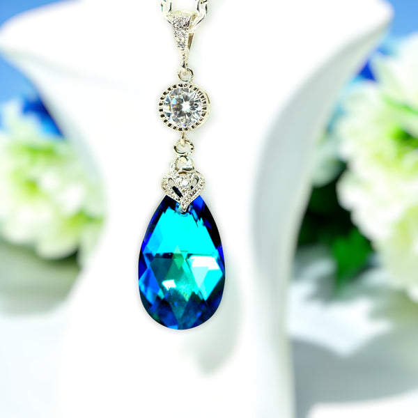 Wedding Jewelry Bridal Earrings Necklace Set Bermuda Blue Crystal Bridesmaid Jewelry Peacock Jewelry Cubic Zirconia Jewelry BB32JS
