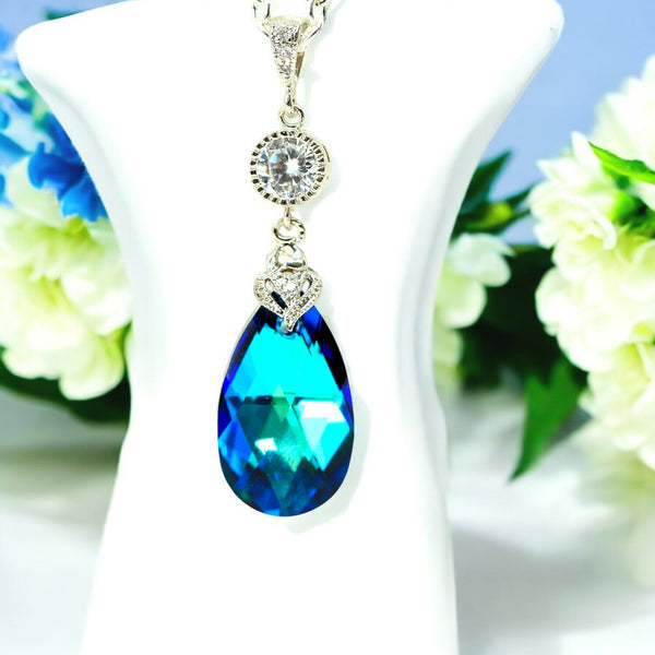 Blue Bridal Necklace Bermuda Blue  Necklace Blue Necklace Bridesmaid Gift Peacock Color Teal Green Blue Wedding Jewelry BB32N