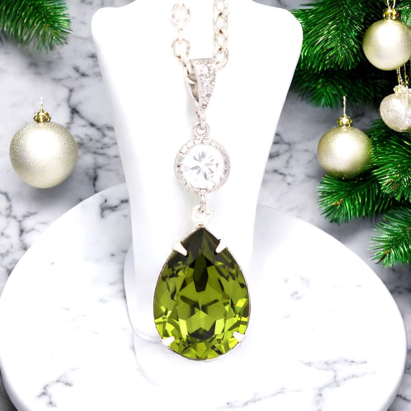 Green Necklace & Earrings Set  Jewelry Bridesmaid Jewelry Olive Green Jewelry Crystal Jewelry Cubic Zirconia Hypoallergenic OG31JS