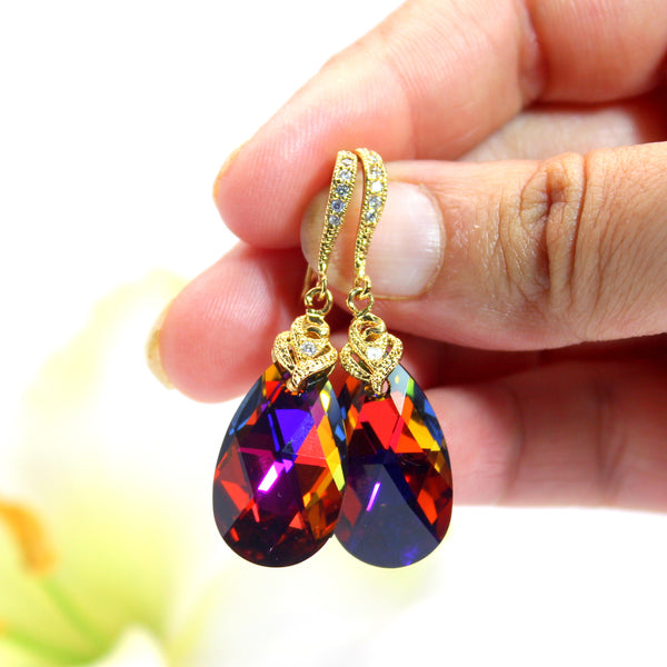 Bridesmaid Gift Volcano Crystal Earrings & Necklace Set Cobalt Purple Orange Cubic Zirconia Jewelry Statement Jewelry VO32JS