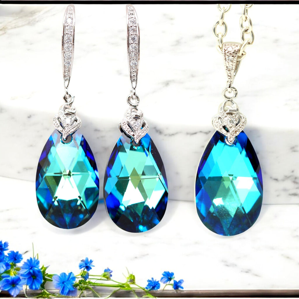 Blue Wedding Jewelry  Crystal Bermuda Blue Bridesmaid Gift Bridal Jewelry Blue Green Crystal Sterling Silver Hypoallergenic BB32JS