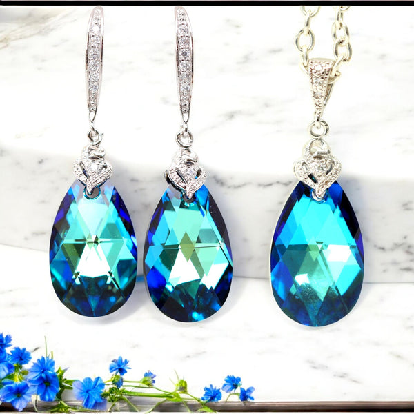 Blue Wedding Jewelry  Crystal Bermuda Blue Bridesmaid Gift Bridal Jewelry Blue Green Crystal Sterling Silver Hypoallergenic BB32JS