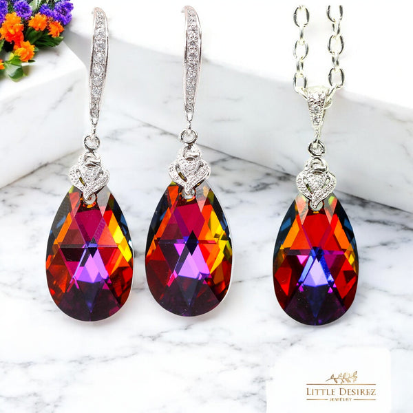 Bridesmaid Gift Volcano Crystal Earrings & Necklace Set Cobalt Purple Orange Cubic Zirconia Jewelry Statement Jewelry VO32JS