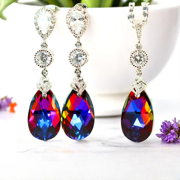 Bridesmaid Gift Volcano Crystal Earrings & Necklace Set Cobalt Purple Orange Cubic Zirconia Jewelry Statement Jewelry VO32JS