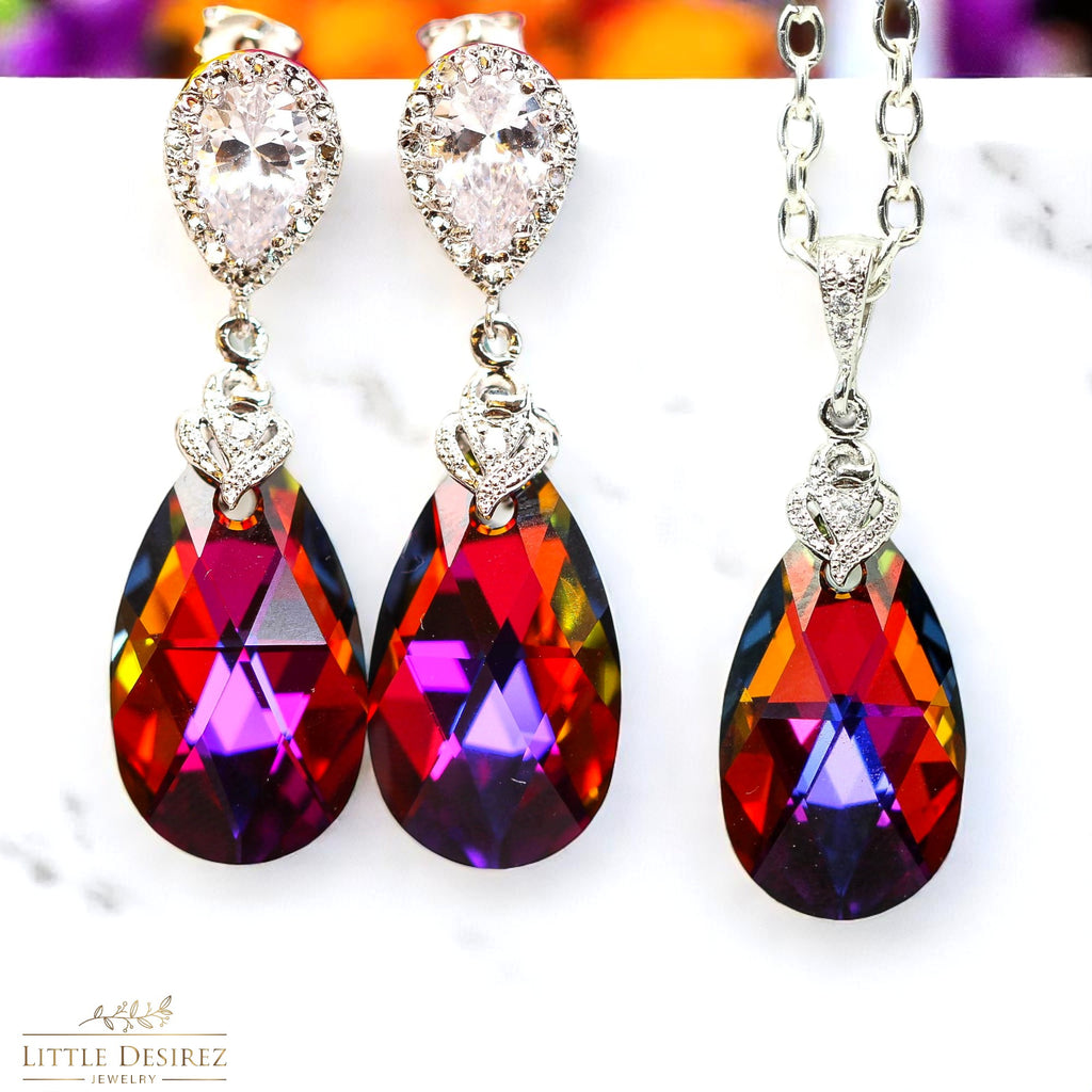 Bridesmaid Gift Volcano Crystal Earrings & Necklace Set Cobalt Purple Orange Cubic Zirconia Jewelry Statement Jewelry VO32JS