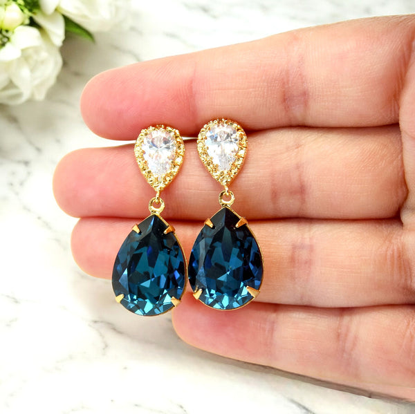 Post Earrings Navy Blue Dangle Earrings Navy Bridesmaid Earrings Navy Blue Wedding Earrings Navy Silver Earrings Crystal CZ Earrings MO31P