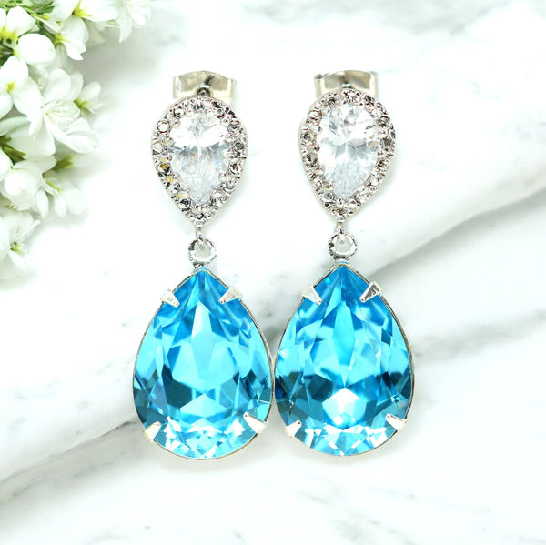 Blue Bridal Earrings Wedding Earrings Something Blue CZ Earrings Blue Wedding Jewelry Dangle Earrings Bridesmaid Gift AQ31P