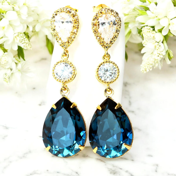 Navy Blue Bridal Set Navy Blue Jewelry Set Bridesmaid Jewelry Navy Bridal Party Jewelry Set Pear Jewelry Set Long Earrings Navy Blue MO31JS