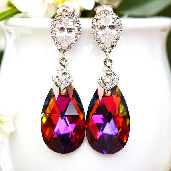 Earrings Volcano Crystal Bridal Earrings Cubic Zirconia Statement Earrings Bridesmaids Gifts Cobalt Purple Orange VO32P