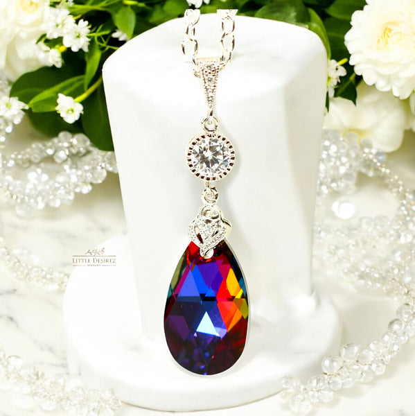 Crystal Necklace Volcano Crystal Pendant Cobalt Purple Orange Bridesmaid Necklace Cubic Zirconia Sterling Silver VO32N