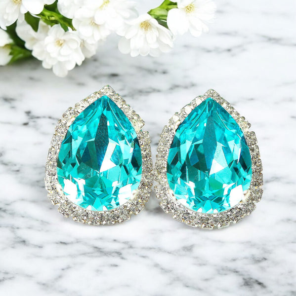Stud Earrings Turquoise Earrings Blue Rhinestone Earrings Halo Earrings TQ31S
