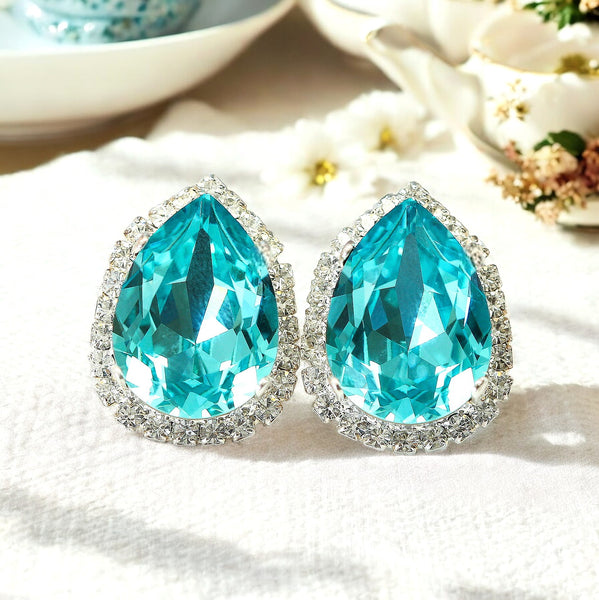 Stud Earrings Turquoise Earrings Blue Rhinestone Earrings Halo Earrings TQ31S