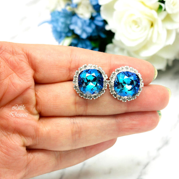 Blue Stud Earrings Blue Bridal Earrings Bridesmaid Earrings Blue Green Teal Earrings Bermuda Blue Earrings Handmade Gift for Her BB50S