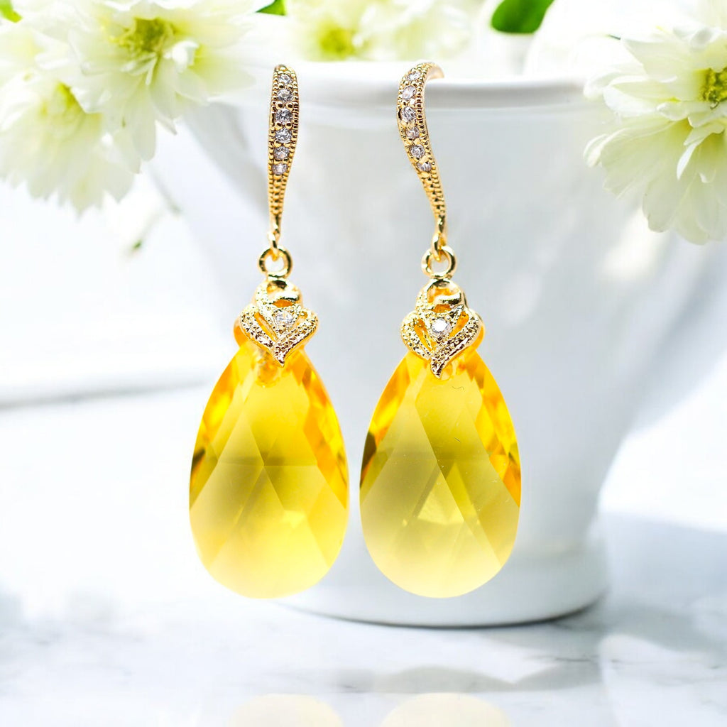 Yellow Earrings Sunflower Lemon Zest Canary Yellow Sunshine Yellow Bridesmaid Earrings Light Topaz Crystal Gold Earring LT32H