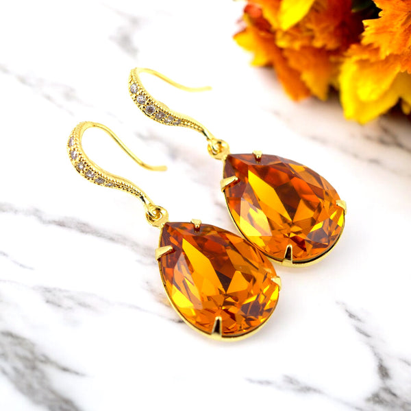 Topaz Crystal Earrings – Golden Teardrop Dangle, Bridal Bridesmaid Jewelry, Bridesmaid Gift, Fall Wedding Jewelry, Gift for Her