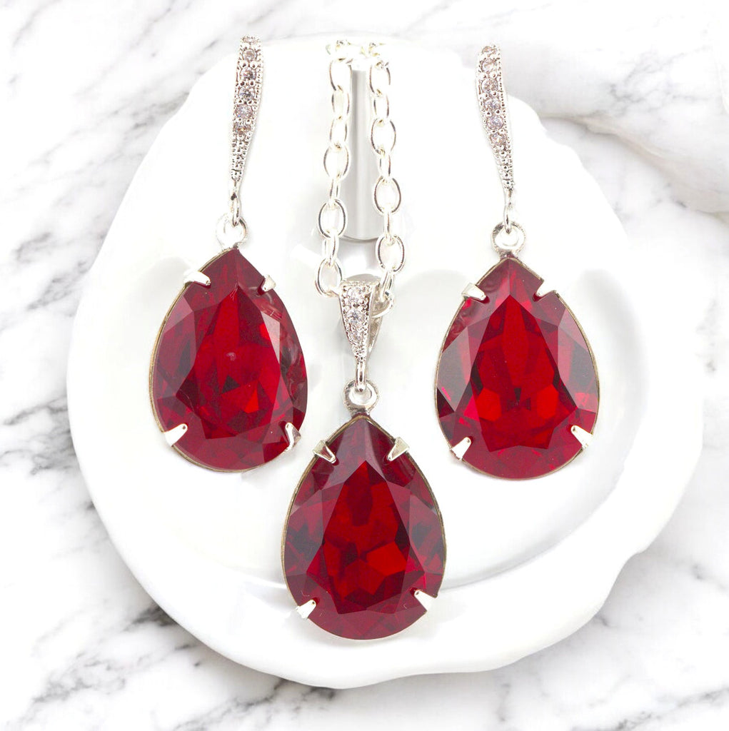 Red Jewelry Set Bridesmaid Gift Earrings and Necklace Set Jewelry Dark Red Earrings Deep Red Earrings Holiday Jewelry SI31JS
