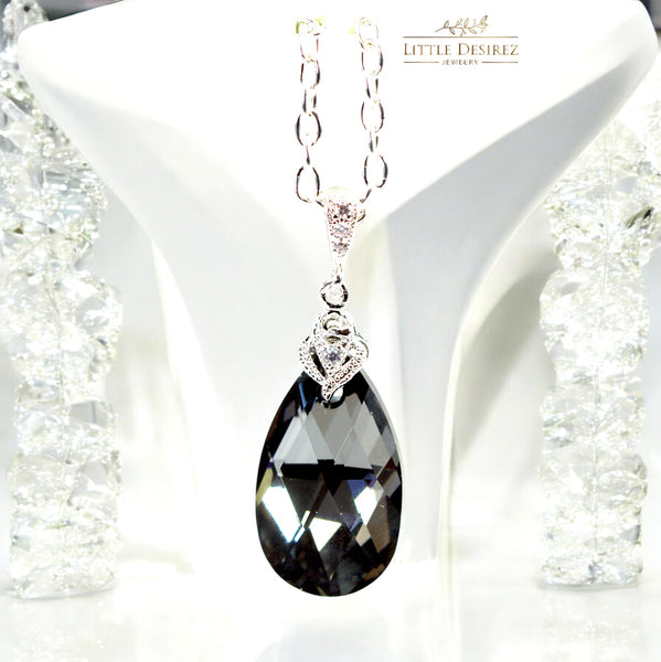 Silver Night Crystal Earrings – Gray Teardrop Dangle Earrings, Modern Bridal or Evening Jewelry, Black & Silver Jewelry