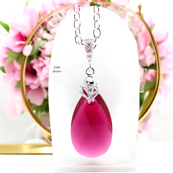 Fuchsia Necklace Bridal Teardrop Necklace  Ruby Necklace Bridesmaid Hot Pink Necklace Cubic Zirconia Necklace Wedding Jewelry RP32N