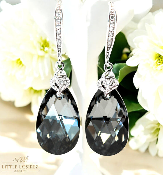 Silver Night Crystal Earrings – Gray Teardrop Dangle Earrings, Modern Bridal or Evening Jewelry, Black & Silver Jewelry