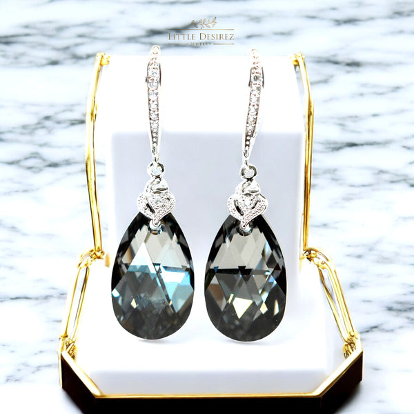 Silver Night Crystal Earrings – Gray Teardrop Dangle Earrings, Modern Bridal or Evening Jewelry, Black & Silver Jewelry