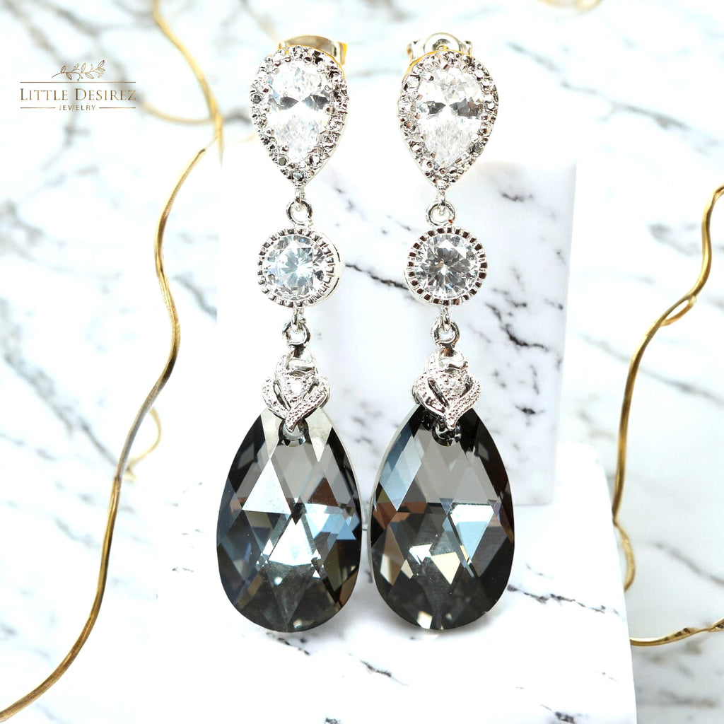 Grey and Silver Earrings Charcoal Grey Earrings  Silver Night Crystal Black and Silver Cubic Zirconia Bridesmaid Earrings SN32PC
