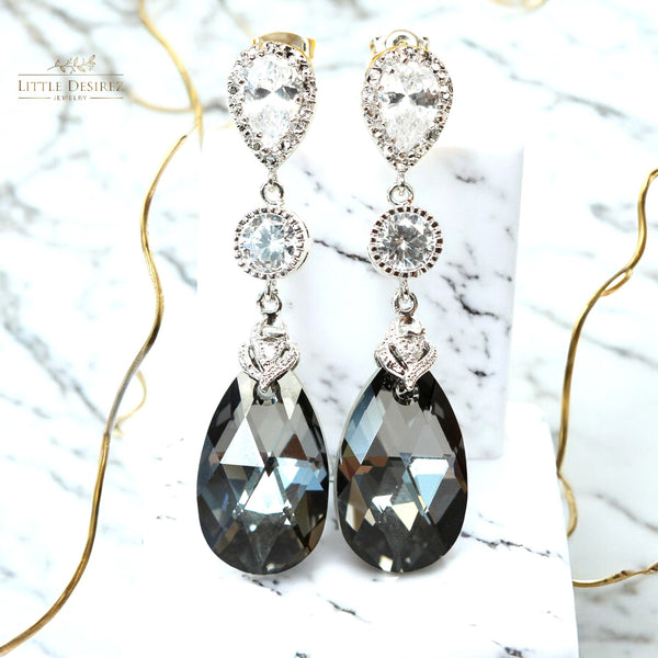 Grey and Silver Earrings Charcoal Grey Earrings  Silver Night Crystal Black and Silver Cubic Zirconia Bridesmaid Earrings SN32PC