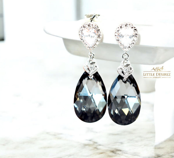 Grey Earrings Charcoal Earrings Gift for Her Bridesmaids Earrings Crystal Earrings Gray Earrings Black Diamond Cubic Zirconia Earrings SN32P
