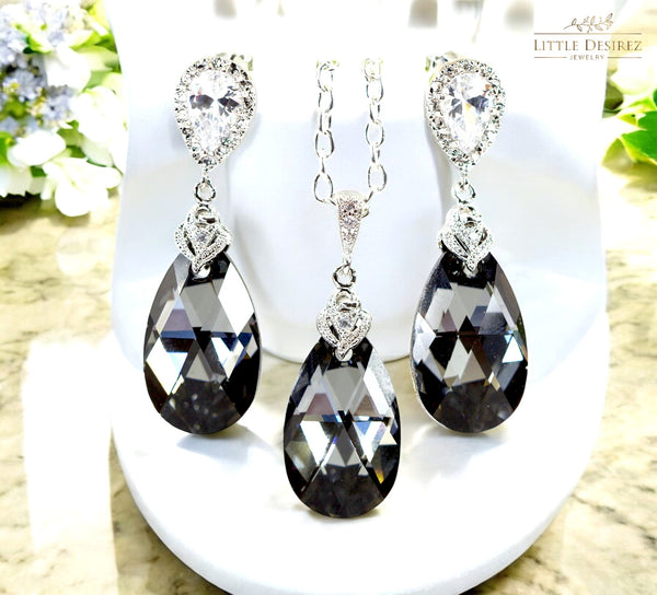 Charcoal Grey Earrings and Necklace Set Bridesmaid Gift Grey Jewelry Set  Silver Night Crystal Cubic Zirconia Jewelry SN32JS