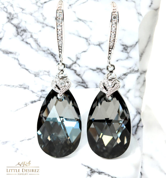 Silver Night Crystal Earrings – Gray Teardrop Dangle Earrings, Modern Bridal or Evening Jewelry, Black & Silver Jewelry