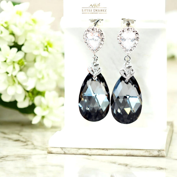 Grey Earrings Charcoal Earrings Gift for Her Bridesmaids Earrings Crystal Earrings Gray Earrings Black Diamond Cubic Zirconia Earrings SN32P