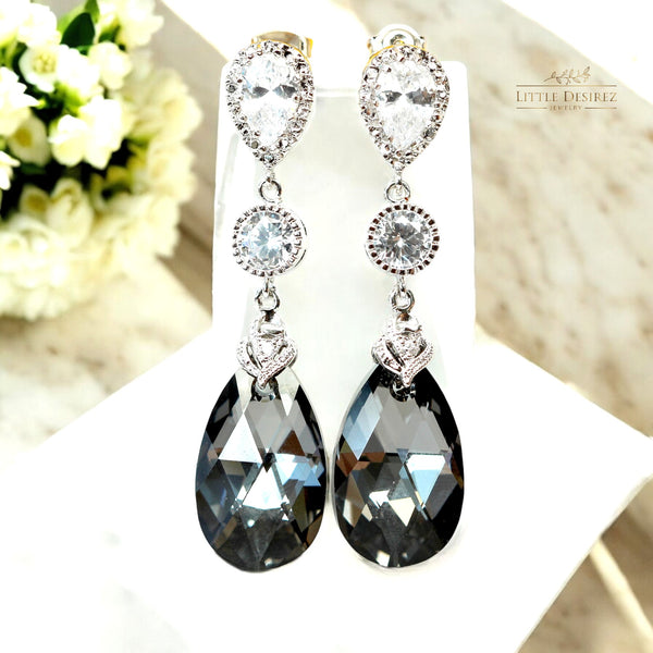 Grey and Silver Earrings Charcoal Grey Earrings  Silver Night Crystal Black and Silver Cubic Zirconia Bridesmaid Earrings SN32PC