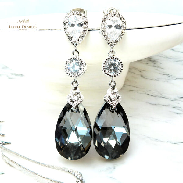 Grey and Silver Earrings Charcoal Grey Earrings  Silver Night Crystal Black and Silver Cubic Zirconia Bridesmaid Earrings SN32PC