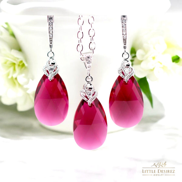Fuchsia Necklace Bridal Teardrop Necklace  Ruby Necklace Bridesmaid Hot Pink Necklace Cubic Zirconia Necklace Wedding Jewelry RP32N