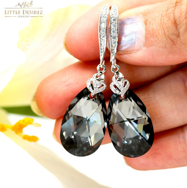 Silver Night Crystal Earrings – Gray Teardrop Dangle Earrings, Modern Bridal or Evening Jewelry, Black & Silver Jewelry