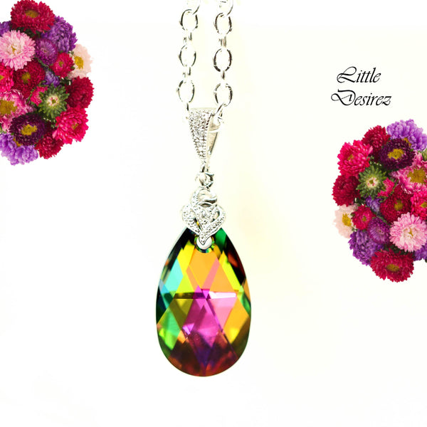 Vitrail Medium Necklace Crystal Teardrop Pendant Sparkly Cubic Zirconia Pink Green Necklace Bridesmaid Necklace Rhodium Plated VM32N