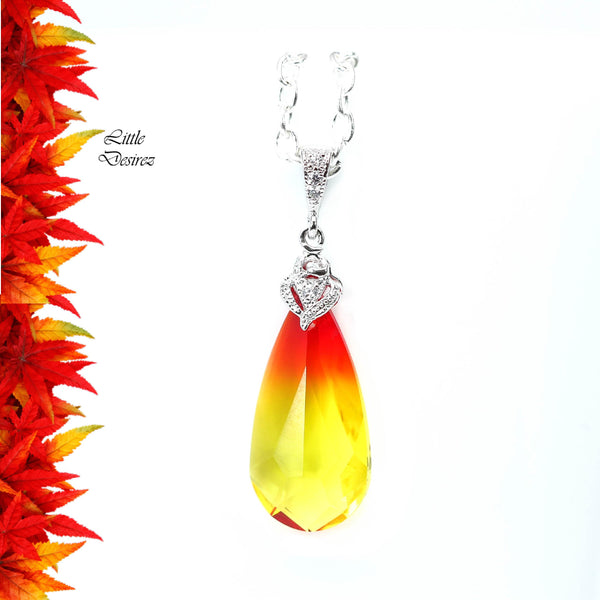 Yellow & Red Necklace Fire Opal Crystal Teardrop Pendant Bridal Necklace Bridesmaid Necklace Cubic Zirconia Yellow Jewelry FO33N