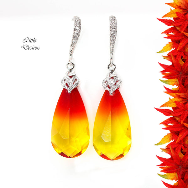 Crystal Earrings Fire Opal Crystal Statement Earrings Sterling Silver Teardrop Bridal Earrings Bridesmaid Earrings FO33H