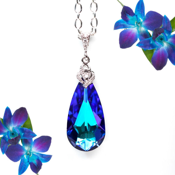 Purple Necklace Bridal Necklace Blue Crystal Necklace Heliotrope Pendant Bridesmaid Necklace Purple Pendant Blue and Purple Drop HE33N