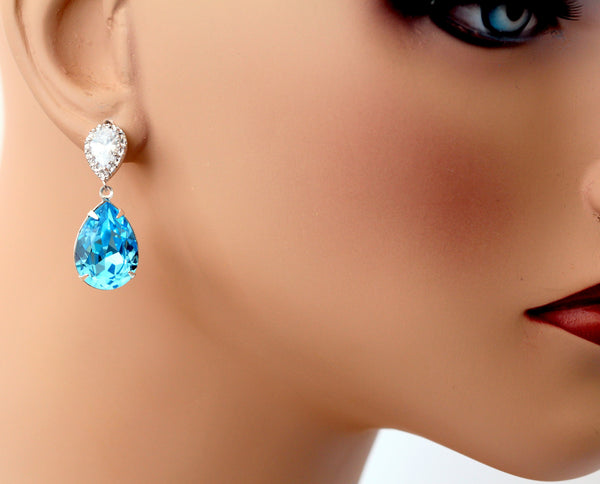 Blue Crystal Drop Earrings Cubic Zirconia Ear Posts Bridesmaid Earrings Blue Earrings Turquoise Earrings Wedding Jewelry Crystal Drop TQ31P