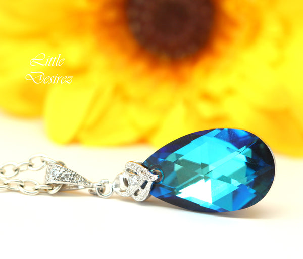 Bermuda Blue  Crystal Necklace Blue Necklace Bridal Necklace Bridesmaid Necklace Blue Bridal Pendant Teal Blue Necklace BB32N