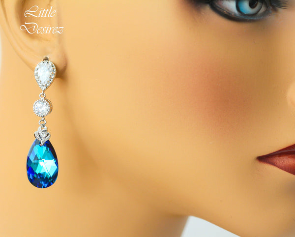 Wedding Jewelry Bridal Earrings Necklace Set Bermuda Blue Crystal Bridesmaid Jewelry Peacock Jewelry Cubic Zirconia Jewelry BB32JS