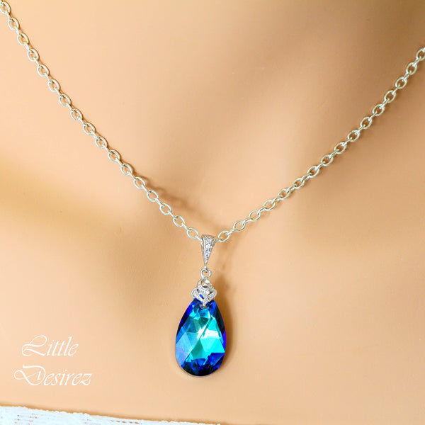 Bermuda Blue  Crystal Necklace Blue Necklace Bridal Necklace Bridesmaid Necklace Blue Bridal Pendant Teal Blue Necklace BB32N