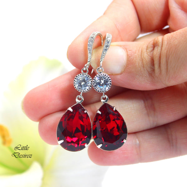 Red Earring Red Jewelry Holiday Jewelry  Crystal Siam Dark Red Earrings Cubic Zirconia Rhodium Plated Garnet Ruby Crimson SI31HC
