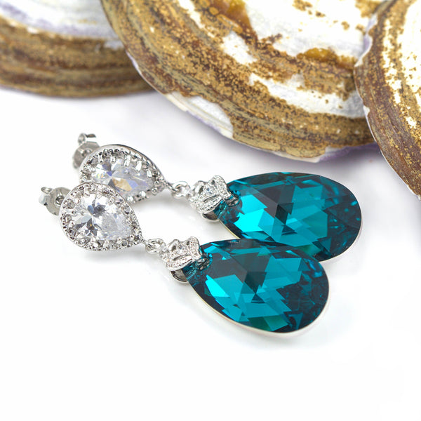 Teal Teardrop Earrings Blue Zircon Comet Argent Light Crystal Elements Teal Earrings Cubic Zirconia Hypoallergenic BZ32P